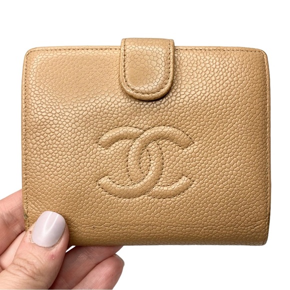 CHANEL Handbags - CHANEL Beige Pebbled Leather Bi-Fold Wallet
